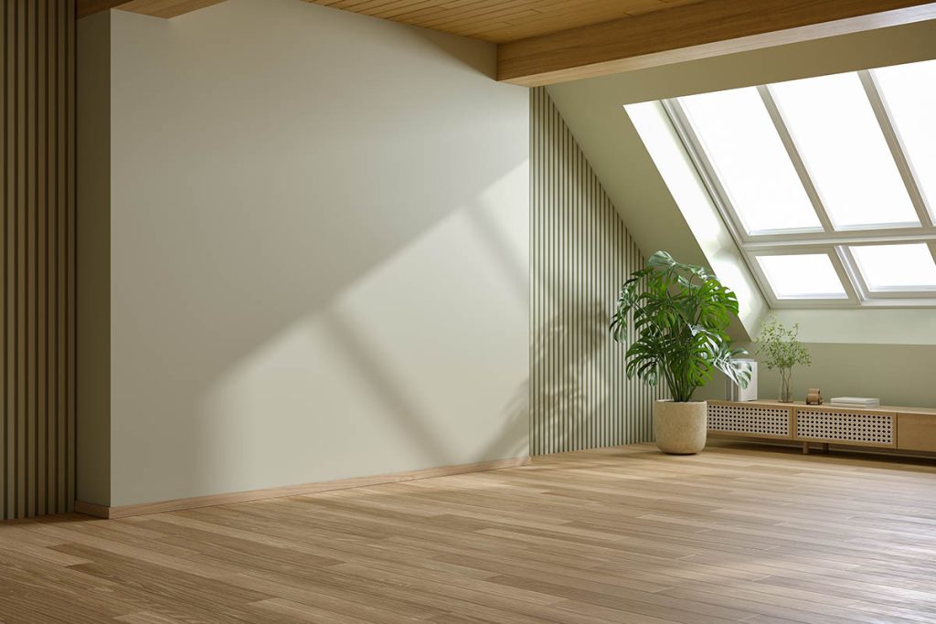 Mid-Century Modern living room, Empty green wall mockup have wooden floor and green plant with bright sunlight shining through, 3d render